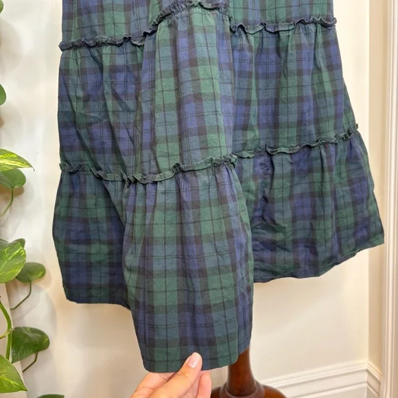 J Crew Smocked Tiered Midi Dress in Tartan Plaid Navy Green - Picture 2 of 8